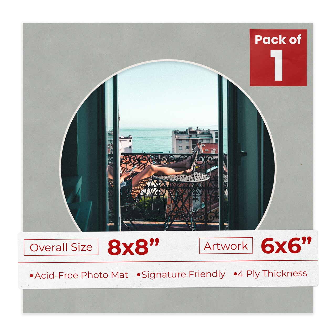 Light Grey Suede Mat Board for 8x8 Frames - Circle Opening for 6x6 Photos